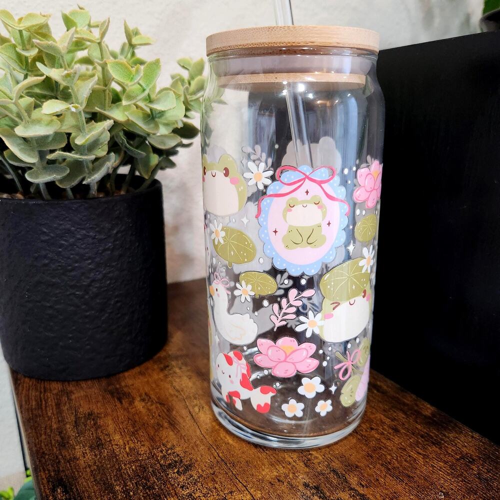 Pond Pals Glass Can Tumbler Frog Goose Iced Coffee Cup Cottagecore Drinkware